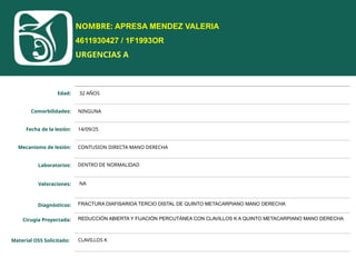 NOMBRE: APRESA MENDEZ VALERIA
4611930427 / 1F1993OR
URGENCIAS A
Edad: 32 AÑOS
Comorbilidades: NINGUNA
Fecha de la lesión: 14/09/25
Mecanismo de lesión: CONTUSION DIRECTA MANO DERECHA
Laboratorios: DENTRO DE NORMALIDAD
Valoraciones: NA
Diagnósticos: FRACTURA DIAFISARIOA TERCIO DISTAL DE QUINTO METACARPIANO MANO DERECHA
Cirugía Proyectada: REDUCCIÓN ABIERTA Y FIJACIÓN PERCUTÁNEA CON CLAVILLOS K A QUINTO METACARPIANO MANO DERECHA
Material OSS Solicitado: CLAVILLOS K
 