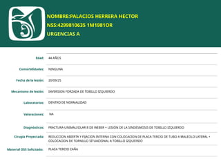 NOMBRE:PALACIOS HERRERA HECTOR
NSS:4299810635 1M1981OR
URGENCIAS A
Edad: 44 AÑOS
Comorbilidades: NINGUNA
Fecha de la lesión: 20/09/25
Mecanismo de lesión: INVERSION FORZADA DE TOBILLO IZQUIERDO
Laboratorios: DENTRO DE NORMALIDAD
Valoraciones: NA
Diagnósticos: FRACTURA UNIMALEOLAR B DE WEBER + LESIÓN DE LA SINDESMOSIS DE TOBILLO IZQUIERDO
Cirugía Proyectada: REDUCCION ABIERTA Y FIJACION INTERNA CON COLOCACION DE PLACA TERCIO DE TUBO A MALEOLO LATERAL +
COLOCACION DE TORNILLO SITUACIONAL A TOBILLO IZQUIERDO
Material OSS Solicitado: PLACA TERCIO CAÑA
 