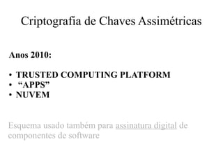 Criptografia de Chaves Assimétricas
Esquema usado também para assinatura digital de
componentes de software
Anos 2010:
● TRUSTED COMPUTING PLATFORM
● “APPS”
● NUVEM
 