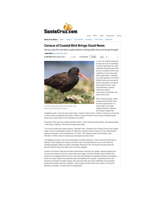 Census of Coastal Bird Brings Good News - Santa Cruz News                                                                                                                          Page 1




                                                                      Home       News        Hotels     Restaurants    Attractions     Real Estate        Nightlife    Events   Directory

      Santa Cruz News » News             Opinion      Environment    Business      Community          Obituaries                                     In association with



      Census of Coastal Bird Brings Good News                                                                                        Subscribe             Follow Us        Become a Fan


      Survey says the rare black oystercatcher is faring better than previously thought
       Read More: Environment, birds

      By Mat Weir Wed, Sep 28, 2011             A A   A       0 Comments        Email         Share    4                1


                                                                                        In June, the California Audubon
                                                                                        Society set out to do something
                                                                                        no other organization has. With
                                                                                        clipboards, binoculars and GPS
                                                                                        devices, volunteers hit the rocky
                                                                                        coastlines to survey the native
                                                                                        black oystercatcher. “Although
                                                                                        it’s a focal species for the Fish &      www.huddle.com
                                                                                        Wildlife Service and you see its
                                                                                        picture everywhere, very little is           Most Discussed
                                                                                        known about the bird,” says
                                                                                                                                     Book Expo’s Sorry Turn
                                                                                        Anna Weinstein, Audubon
                                                                                                                                     Smoking Ban Enacted in Santa Cruz
                                                                                        California’s Seabird
                                                                                        Conservation Coordinator and                 Reform Needed in the Court System Regarding
                                                                                                                                     Child Custody
                                                                                        head of the survey.
                                                                                                                                     Why I’m Voting ‘No’ on Prop 19
                                                                                        With its black plumage, vibrant              Anti-Semitism At UCSC?
                                                                                        orange-red bill and fiery eyes,              Controversial Santa Cruz Priest Charged By
                                                                                        the black oystercatcher is a                 Church
      The black oystercatcher likes rocky intertidal zones.                             showy sight on the coast                     Raft of Rules for Group’s Santa Cruz
                                                                                                                                     Apartments
      Photo courtesy Wikimedia Commons.                                                 between Southern California
                                                                                                                                     Santa Cruz Poets, Santa Cruz Inspiration:
                                                                                        and Canada. Despite the
                                                                                                                                     Maria Teutsch
      misleading name, it only lives near oyster beds—it doesn’t feed on them. Instead, it snacks on a broad diet
                                                                                                                                     Junkie Town: Santa Cruz’s Heroin Problem
      of other marine invertebrates like limpets, making it a great indicator for the success of intertidal zones,
                                                                                                                                     Bungled Shark Tagging Leads to Infighting
      which have a great impact on the ecosystem as a whole.

      Previously, there was only a global estimate of about 11,000 individual oystercatchers, with approximately                Ads by Google
      1,000 living in California. The census revealed good news.                                                                Download Google Chrome
                                                                                                                                A free browser that lets you do more of
      “The survey results were quite surprising,” Weinstein says. Volunteers from Orange County to the Oregon                   what you like on the web
      border covered an estimated 9 percent of California’s coastline (about 20 percent of the oystercatcher’s                  www.google.com/chrome
      habitat) and spotted 1,346 individuals and 175 nests. “The nesting success was shocking,” says                            Crossover Pictures
      Weinstein. “Perfect nests of a certain size and shape were discovered.”                                                   Off-Road ABS And an Optimized Rock
                                                                                                                                Crawling Engine. Check Out The Pics
      This fledgling success is due to the oystercatcher’s habitat preference. Unlike marine birds that nest on                 www.Jeep.com/Patriot
      beaches, where predators or humans can disturb them, the oystercatcher’s love of rocky cliffs and                         Youth Triathlon Team
      intertidal geography allows for perfect camouflage. Because of this, the Audubon Society thinks the
                                                                                                                                Nor-Cal Juniors Multisport Triathlon
                                                                                                                                Training & Racing
      species could be doing even better than the survey suggests.
                                                                                                                                www.norcaljuniors.org
      However, this doesn’t mean that the black oystercatcher has flown from danger. Natural predators like
      raccoons and possums brave the rocks to feast upon eggs, and while Weinstein doesn’t believe that
      humans are the biggest threat to the bird, she does acknowledge that seaweed harvesters and abalone
      divers can cause problems by disturbing nests and depleting food supplies. Oystercatchers are also
      extremely vulnerable to climate change, with rising sea levels and ocean acidification having already
      pushed them farther north than expected. “They’re tough and they know how to make it in the world,”
      Weinstein concludes, “but their world is changing fast.”

                                                A A   A       0 Comments        Email         Share    4                1




      Comments (0)
      Post a comment
                                                                                                                                 www.santacruz.org
      There are no comments for this entry yet.


      Post a comment


        Name: *
 