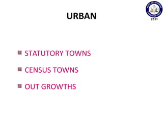 URBAN
STATUTORY TOWNS
CENSUS TOWNS
OUT GROWTHS
 