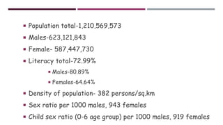  Population total-1,210,569,573
 Males-623,121,843
 Female- 587,447,730
 Literacy total-72.99%
 Males-80.89%
 Females-64.64%
 Density of population- 382 persons/sq.km
 Sex ratio per 1000 males, 943 females
 Child sex ratio (0-6 age group) per 1000 males, 919 females
 