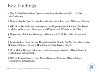 Key Findings
 1. Der Großteil deutscher Open-Access-Repositorien enthält 1 - 5.000
 Publikationen.

 2. Deutschlands Open-Access-Repositorien brauchen mehr Mehrwertdienste.

 3. OPUS ist Deutschlands meistgenutzte Repositorien-Software. Ein Trend
 zu global verbreiteten Lösungen wie DSpace und EPrints ist sichtbar.

 4. Repository-Software-Lösungen arbeiten auf DINI-Zertifikat-Standards
 hin.

 5. In deutschen Open-Access-Repositorien ist Simple Dublin Core das einzige
 Metadatenformat, dass die Bezeichnung Standard verdient.

 6. Eine kleine Gruppe bekannter Institutionen unterstützt Open Access in
 Deutschland substantiell.

 7. Offene Fragen fordern eine Neuauflage des Census of Open Access
 Repositories in Germany.


2012 Census of Open Access Repositories in Germany
 