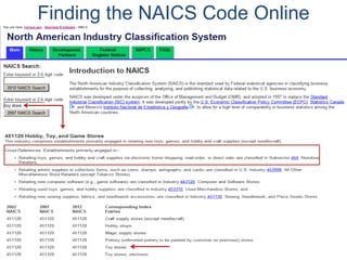 18 
Finding the NAICS Code Online  