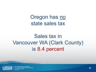 30 
Oregon has no state sales tax Sales tax in Vancouver WA (Clark County) is 8.4 percent  