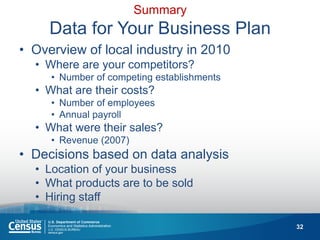 32 
Summary Data for Your Business Plan 
•Overview of local industry in 2010 
•Where are your competitors? 
•Number of competing establishments 
•What are their costs? 
•Number of employees 
•Annual payroll 
•What were their sales? 
•Revenue (2007) 
•Decisions based on data analysis 
•Location of your business 
•What products are to be sold 
•Hiring staff  