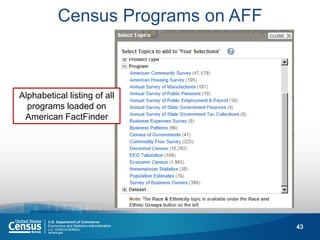 43 
Census Programs on AFF 
Alphabetical listing of all programs loaded on American FactFinder  