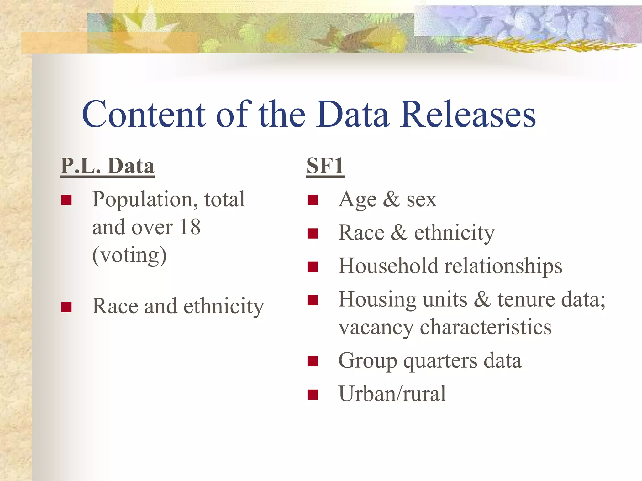 Content of the Data Releases
P.L. Data
 Population, total
and over 18
(voting)
 Race and ethnicity
SF1
 Age & sex
 Race & ethnicity
 Household relationships
 Housing units & tenure data;
vacancy characteristics
 Group quarters data
 Urban/rural
 