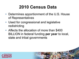 2010 Census Data
• Determines apportionment of the U.S. House
  of Representatives
• Used for congressional and legislative
  redistricting
• Affects the allocation of more than $400
  BILLION in federal funding per year to local,
  state and tribal governments




                                                  4
 