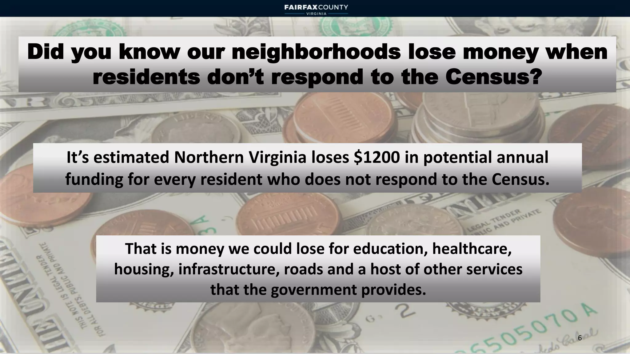 Did you know our neighborhoods lose money when
residents don’t respond to the Census?
It’s estimated Northern Virginia loses $1200 in potential annual
funding for every resident who does not respond to the Census.
6
That is money we could lose for education, healthcare,
housing, infrastructure, roads and a host of other services
that the government provides.
 