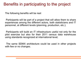 The Pilot Project Architecture The  web service  receives a SDMX query and forwards it to the SDMX q uery parser . The  SDMX  Q uery parser  breaks down the query and sends it to the  SQL query builder . The  SQL query builder  creates one or more SQL queries and sends them to D atabase . The result is assembled, by the  SDMX-ML assembler , in a SDMX cross-sectional message that will be sent, by the web service, to the central Hub.  NSI 