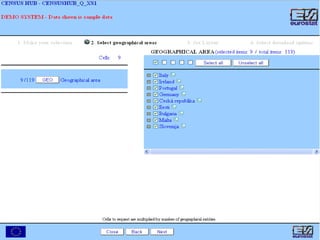 Eurostat has developed the central Hub  and, at the beginning of February 2009, it will be accessible in a test environment  . Italy, Portugal, Germany and Ireland have already setup the architecture Italy, Portugal and Ireland have produced documents (available on CIRCA) regarding their experience during the pilot phase  ( http://circa.europa.eu/Members/irc/dsis/x-dis-xensus-hub/library?l=/census_documents_1/case_studies)  Results of the pilot project 