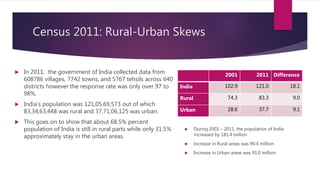 Census 2011: Rural-Urban Skews
 In 2011, the government of India collected data from
608786 villages, 7742 towns, and 5767 tehsils across 640
districts however the response rate was only over 97 to
98%.
 India’s population was 121,05,69,573 out of which
83,34,63,448 was rural and 37,71,06,125 was urban.
 This goes on to show that about 68.5% percent
population of India is still in rural parts while only 31.5%
approximately stay in the urban areas.
2001 2011 Difference
India 102.9 121.0 18.1
Rural 74.3 83.3 9.0
Urban 28.6 37.7 9.1
 During 2001 – 2011, the population of India
increased by 181.4 million
 Increase in Rural areas was 90.4 million
 Increase in Urban areas was 91.0 million
 