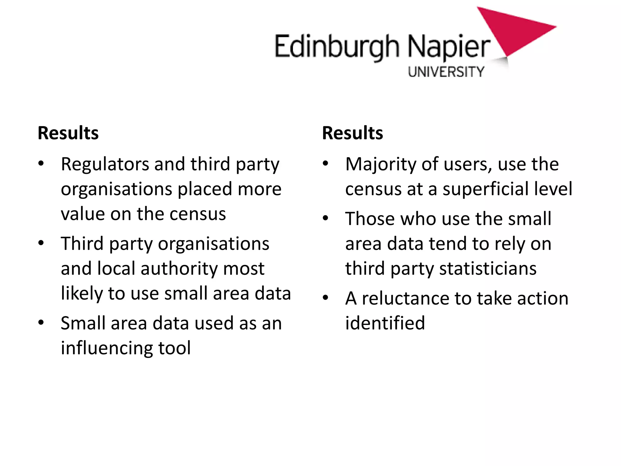 approach
Results Results
• Majority of users, use the
census at a superficial level
• Those who use the small
area data tend to rely on
third party statisticians
• A reluctance to take action
identified
• Regulators and third party
organisations placed more
value on the census
• Third party organisations
and local authority most
likely to use small area data
• Small area data used as an
influencing tool
 