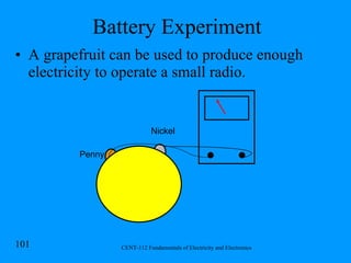 Battery Experiment A grapefruit can be used to produce enough electricity to operate a small radio. Penny Nickel 