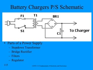 Battery Chargers P/S Schematic Parts of a Power Supply Stepdown Transformer Bridge Rectifier Filters Regulator 