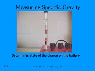 Measuring Specific Gravity Determines state of the charge on the battery. 
