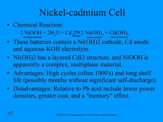Nickel-cadmium Cell Chemical Reaction: 2 NiOOH + 2H 2 O + Cd  2 Ni(OH) 2  + Cd(OH) 2 These batteries contain a Ni(OH)2 cathode, Cd anode and aqueous KOH electrolyte. Ni(OH)2 has a layered CdI2 structure, and NiOOH is apparently a complex, multiphase material.  Advantages: High cycles (often 1000's) and long shelf life (possibly months without significant self-discharge). Disadvantages: Relative to Pb acid include lower power densities, greater cost, and a "memory" effect.  charge discharge Nickel hydroxide Oxy-Nickel hydroxide Cadmium hydroxide 