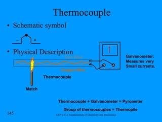 Thermocouple Schematic symbol + _ Physical Description Copper Wire Iron Wire Match Galvanometer: Measures very  Small currents. Thermocouple Thermocouple + Galvanometer = Pyrometer Group of thermocouples = Thermopile 