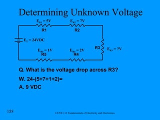 Determining Unknown Voltage E R1  = 5V R1 R2 R3 R4 R5 E T  = 24VDC E R2  = 7V E R4  = 2V E R5  = 1V E R3  = ?V Q. What is the voltage drop across R3? W. 24-(5+7+1+2)= A. 9 VDC 