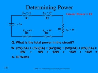 Determining Power E R1  = 2V R1 R2 R3 R4 R5 I T  = 3A E R2  = 3V E R4  = 5V E R5  = 6V E R3  = 4V Q. What is the total power in the circuit? W. (2V)(3A) + (3V)(3A) + (4V)(3A) + (5V)(3A) + (6V)(3A) = 6W  +  9W  +  12W  +  15W  +  18W  = A. 60 Watts Given: Power = EI 