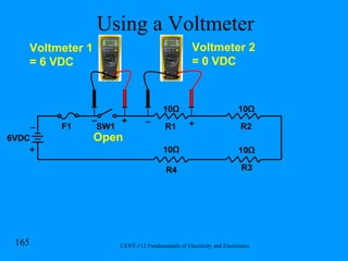 Using a Voltmeter R1 R2 R3 R4 F1 SW1 6VDC Open Voltmeter 1 = 6 VDC Voltmeter 2 = 0 VDC + + + _ _ _ 10 Ω 10 Ω 10 Ω 10 Ω 