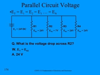 Parallel Circuit Voltage E R1  = 24V R1 R2 R3 R4 E T  = 24VDC E R2  = ?V E R4  = 24V Q. What is the voltage drop across R2? W.  E T  = E R2 A. 24 V E R3  = 24V E T  = E 1  = E 2  = E 3  … = E N 