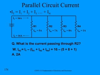 Parallel Circuit Current I R1  = 5A R1 R2 R3 R4 I T  = 16A I R2  = ?A I R4  = 1A Q. What is the current passing through R2? W. I R2  = I T  – (I R1  + I R3  + I R4 ) = 16 – (5 + 8 + 1) A. 2A I R3  = 8A I T  = I 1  + I 2  + I 3  … + I N I T  = 16A 