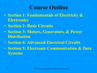 Course Outline Section 1: Fundamentals of Electricity & Electronics Section 2: Basic Circuits Section 3: Motors, Generators, & Power Distribution Section 4: Advanced Electrical Circuits Section 5: Electronic Communication & Data Systems 