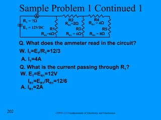 Sample Problem 1 Continued 1 Q. What does the ammeter read in the circuit? W. I T =E T /R T =12/3 A. I T =4A Q. What is the current passing through R 1 ? W. E T =E R1 =12V I R1 =E R1 /R R1 =12/6 A. I R1 =2A R R1 =6 Ω R1 R2 R T  = ? Ω R R2 = 2Ω R3 R R3  = 6 Ω R R4  = 4 Ω R4 R5 R R5  = 8 Ω E T  = 12VDC A 