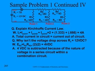 Sample Problem 1 Continued IV Q. Explain Kirchhoffs Current Law. W. I T =I point1  + I point2  + I point3 =2 + (1.333) + (.666) = 4A A. Total current in circuit = current out of circuit. Q. Why isn’t the voltage drop across R 3  = 12VDC? W. E R2 =I R2 R R2=  (2)(2) = 4VDC 4 VDC is subtracted because of the nature of voltage in a series circuit within a combination circuit. Point 1 Point 2 Point 3 R R1 =6 Ω R1 R2 R T  = ? Ω R R2 = 2Ω R3 R R3  = 6 Ω R R4  = 4 Ω R4 R5 R R5  = 8 Ω E T  = 12VDC A 