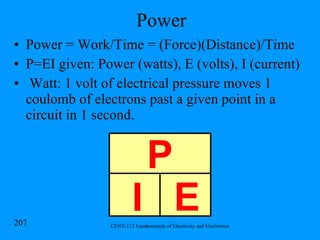 Power Power = Work/Time = (Force)(Distance)/Time P=EI given: Power (watts), E (volts), I (current) Watt: 1 volt of electrical pressure moves 1 coulomb of electrons past a given point in a circuit in 1 second. P I E 