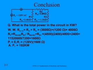 Conclusion R R1 =2.4K Ω R1 R2 R R2 = 3.6KΩ R3 R R3  = 1.2K Ω E T  = 120VAC A Q. What is the total power in the circuit in KW? A. P T  = 192KW W. W. R R2+R3 = R R2  +  R R3   = (3600 Ω )+(1200  Ω)= 4800Ω R T =R R2+R3 R R1 / R R2+R3 + R R1  =( 4800)(2400)/4800+2400= 11520000/7200=1600Ω  P T   = E T R T   = (120V)(1600  Ω) G 