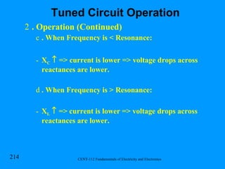 . Operation (Continued) . When Frequency is < Resonance: X C     => current is lower => voltage drops across reactances are lower. . When Frequency is > Resonance: X L     => current is lower => voltage drops across reactances are lower. Tuned Circuit Operation 