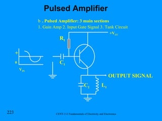 . Pulsed Amplifier: 3 main sections 1. Gain Amp 2. Input Gate Signal 3. Tank Circuit L 1 + 0 V IN +V CC R 1 C 2 C 1 OUTPUT SIGNAL Pulsed Amplifier 