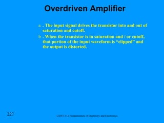 . The input signal drives the transistor into and out of saturation and cutoff. . When the transistor is in saturation and / or cutoff, that portion of the input waveform is “clipped” and the output is distorted. Overdriven Amplifier 