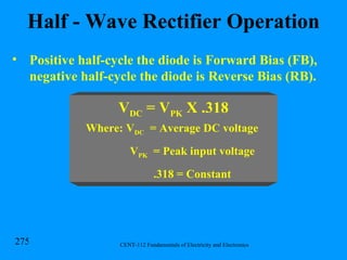 Half - Wave Rectifier Operation Positive half-cycle the diode is Forward Bias (FB), negative half-cycle the diode is Reverse Bias (RB).  V DC  = V PK  X .318 Where: V DC   = Average DC voltage    V PK   = Peak input voltage   .318 = Constant 