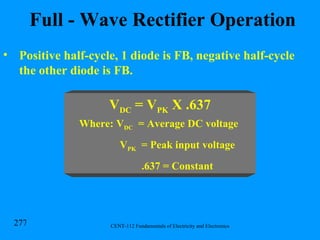 Full - Wave Rectifier Operation Positive half-cycle, 1 diode is FB, negative half-cycle the other diode is FB.  V DC  = V PK  X .637 Where: V DC   = Average DC voltage    V PK   = Peak input voltage   .637 = Constant 
