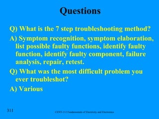 Questions Q) What is the 7 step troubleshooting method? A) Symptom recognition, symptom elaboration, list possible faulty functions, identify faulty function, identify faulty component, failure analysis, repair, retest. Q) What was the most difficult problem you ever troubleshot? A) Various 