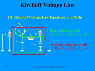 Kirchoff Voltage Law DC Kirchoff Voltage Law Equations and Paths +V CC R B R C R E Q 1 C C Base - Emitter Circuit I B R B  + V BE  + I E R E  - V CC  = 0 Collector - Emitter Circuit I C R C  + V CE  + I E R E  - V CC  = 0 
