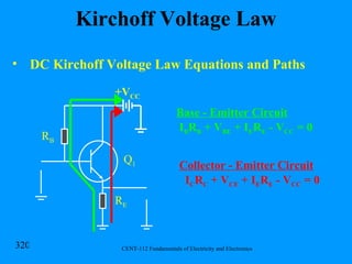 Kirchoff Voltage Law DC Kirchoff Voltage Law Equations and Paths R B R E Q 1 +V CC Base - Emitter Circuit I B R B  + V BE  + I E R E  - V CC  = 0 Collector - Emitter Circuit I C R C  + V CE  + I E R E  - V CC  = 0 