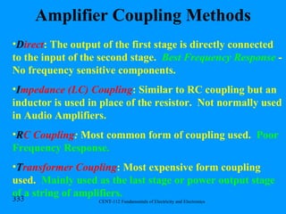 Amplifier Coupling Methods D irect : The output of the first stage is directly connected to the input of the second stage.  Best Frequency Response  - No frequency sensitive components. I mpedance (LC) Coupling : Similar to RC coupling but an inductor is used in place of the resistor.  Not normally used in Audio Amplifiers. R C Coupling :  Most common form of coupling used.  Poor Frequency Response. T ransformer Coupling : Most expensive form coupling used.  Mainly used as the last stage or power output stage of a string of amplifiers. 