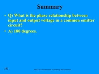Summary Q) What is the phase relationship between input and output voltage in a common emitter circuit? A) 180 degrees. 