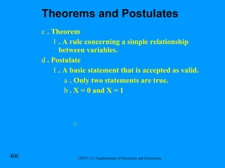 . Theorem . A rule concerning a simple relationship between variables. . Postulate . A basic statement that is accepted as valid. . Only two statements are true. . X = 0 and X = 1 Theorems and Postulates 