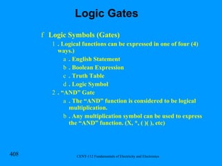 Logic Symbols (Gates) . Logical functions can be expressed in one of four (4) ways.) . English Statement . Boolean Expression . Truth Table . Logic Symbol . “AND” Gate . The “AND” function is considered to be logical multiplication.  . Any multiplication symbol can be used to express the “AND” function. (X, *, ( )( ), etc) Logic Gates 