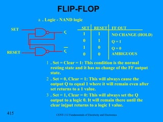 . Logic - NAND logic . Set = Clear = 1: This condition is the normal resting state and it has no change of the FF output state. . Set = 0, Clear = 1: This will always cause the output Q to equal 1 where it will remain even after set returns to a 1 value. . Set = 1, Clear = 0: This will always set the Q output to a logic 0. It will remain there until the clear in[put returns to a logic 1 value. SET RESET Q Q SET RESET FF OUT 1 0 1 1 1 0 0 0 NO CHANGE (HOLD) Q = 1 Q = 0 AMBIGUOUS FLIP-FLOP 