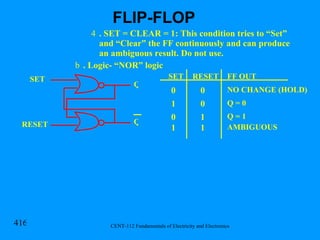 . SET = CLEAR = 1: This condition tries to “Set” and “Clear” the FF continuously and can produce an ambiguous result. Do not use. . Logic- “NOR” logic SET RESET Q Q SET RESET FF OUT 1 0 1 1 1 0 0 0 NO CHANGE (HOLD) Q = 0 Q = 1 AMBIGUOUS FLIP-FLOP 