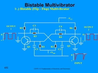 .) Bistable (Flip - Flop) Multivibrator +V BB -V CC R5 R2 R3 R4 R1 C1 C2 Q2 Q1 0 0 - - INPUT OUTPUT 2 OUTPUT 1 R6 - 0 C3 C4 Bistable Multivibrator 