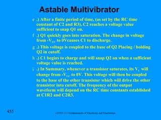 .) After a finite period of time, (as set by the RC time constant of C2 and R3), C2 reaches a voltage value sufficient to snap Q1 on. .) Q1 quickly goes into saturation. The change in voltage from -V CC  to 0Vcauses C1 to discharge. .) This voltage is coupled to the base of Q2 Placing / holding Q2 in cutoff. .) C1 begins to charge and will snap Q2 on when a sufficient voltage value is reached. .) In Summary, whenever a transistor saturates, its V C  will change from -V CC  to 0V. This voltage will then be coupled to the base of the other transistor which will drive the other transistor into cutoff. The frequency of the output waveform will depend on the RC time constants established at C1R2 and C2R3. Astable Multivibrator 