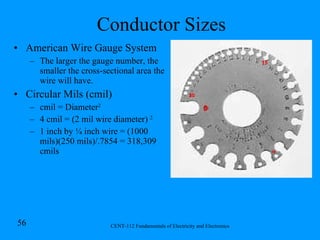 Conductor Sizes American Wire Gauge System The larger the gauge number, the smaller the cross-sectional area the wire will have. Circular Mils (cmil) cmil = Diameter 2 4 cmil = (2 mil wire diameter)  2 1 inch by ¼ inch wire = (1000 mils)(250 mils)/.7854 = 318,309 cmils 0 30 36 15 